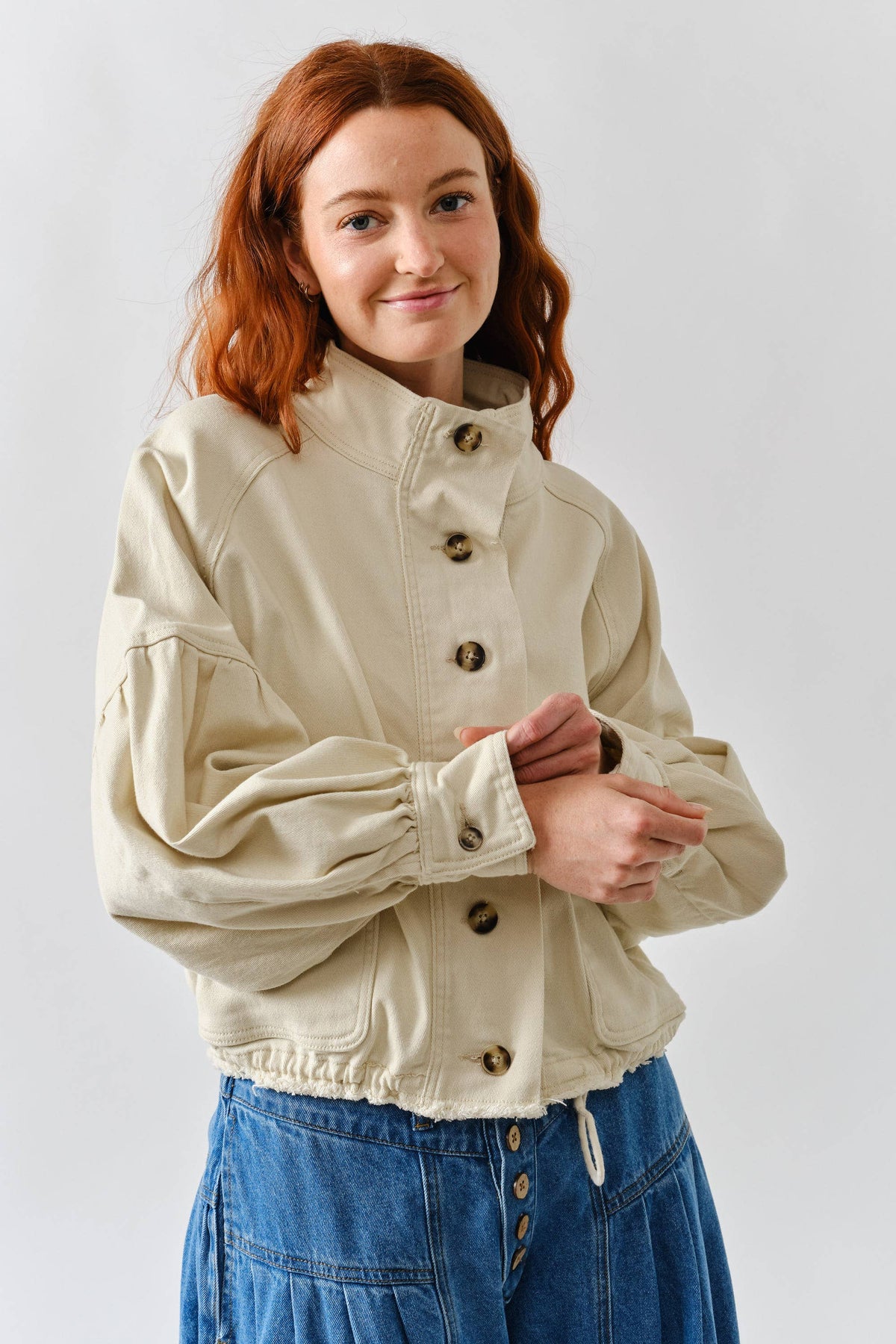 Balloon Sleeve Twill Jacket in Cream