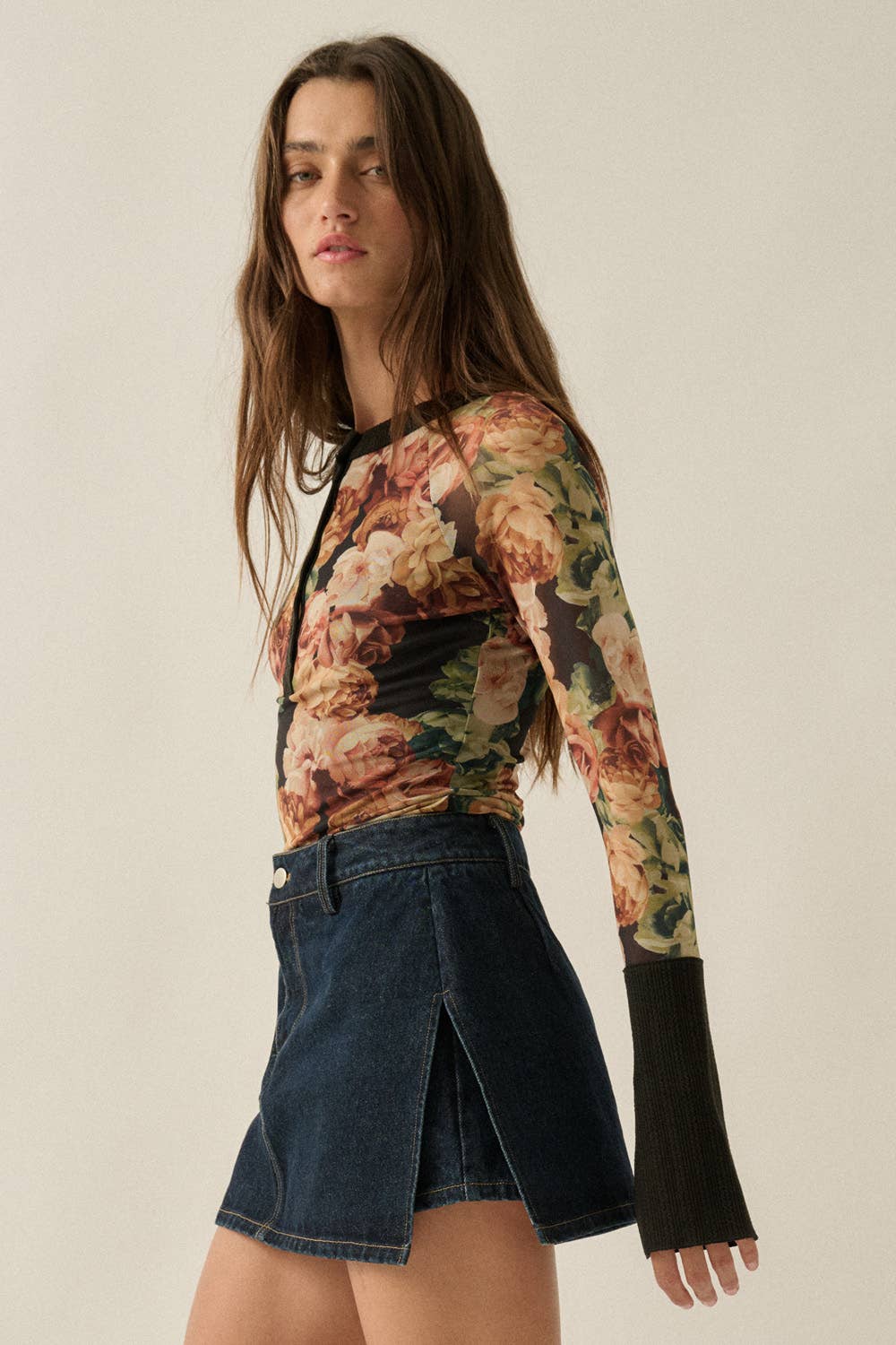 Floral Mesh Split-Cuff Top
