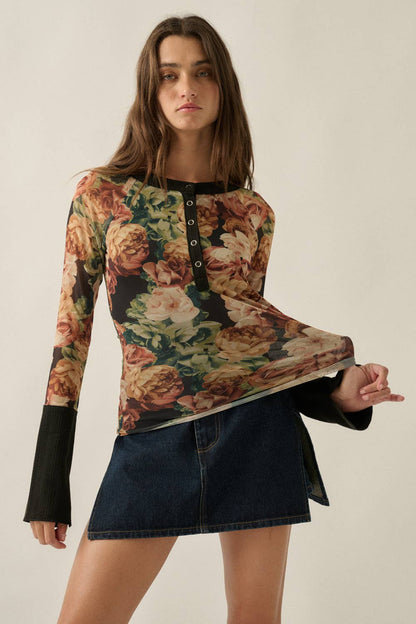 Floral Mesh Split-Cuff Top