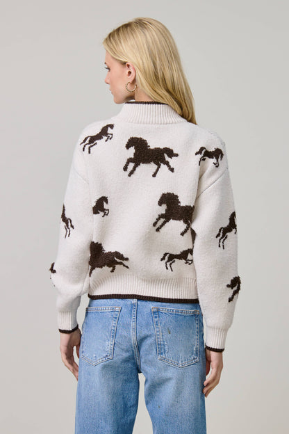 Horse Motif Zip-Up Knit Cardigan