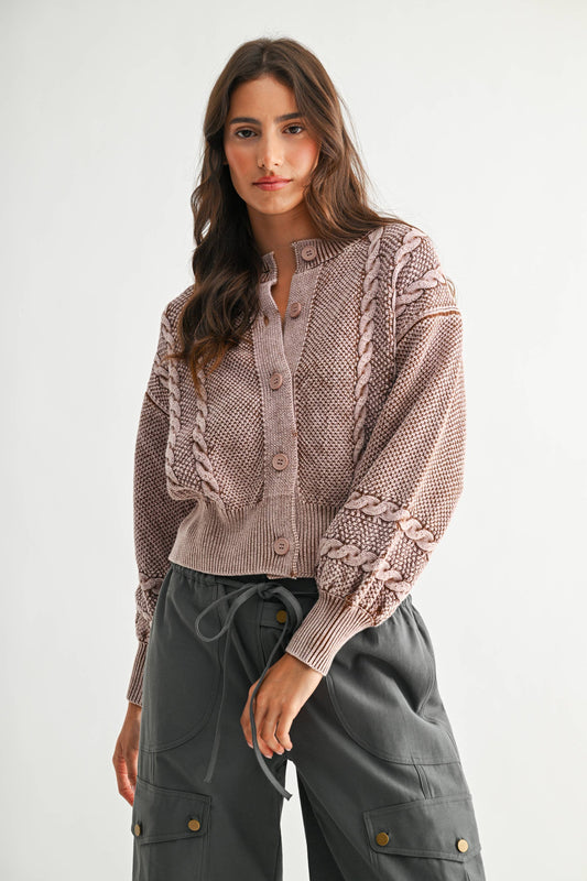 Washed Blended Brown Cable Knit Cardi