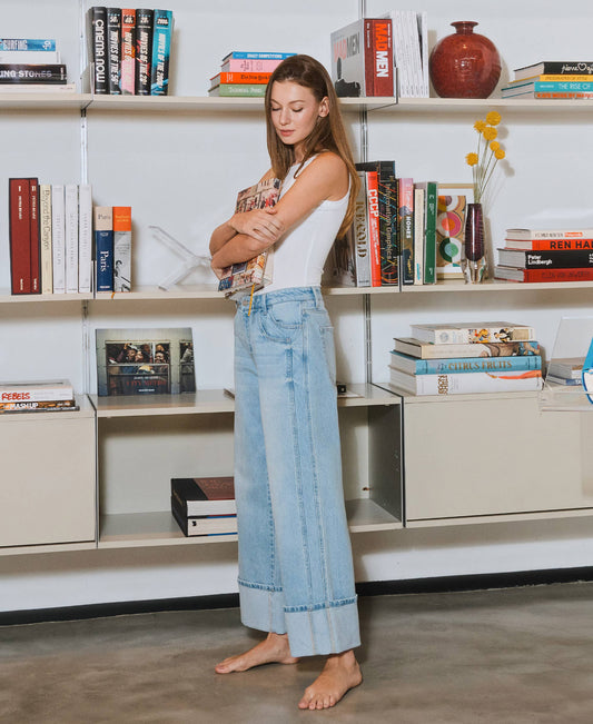 HIGH RISE CUFF BAGGY WIDE JEANS