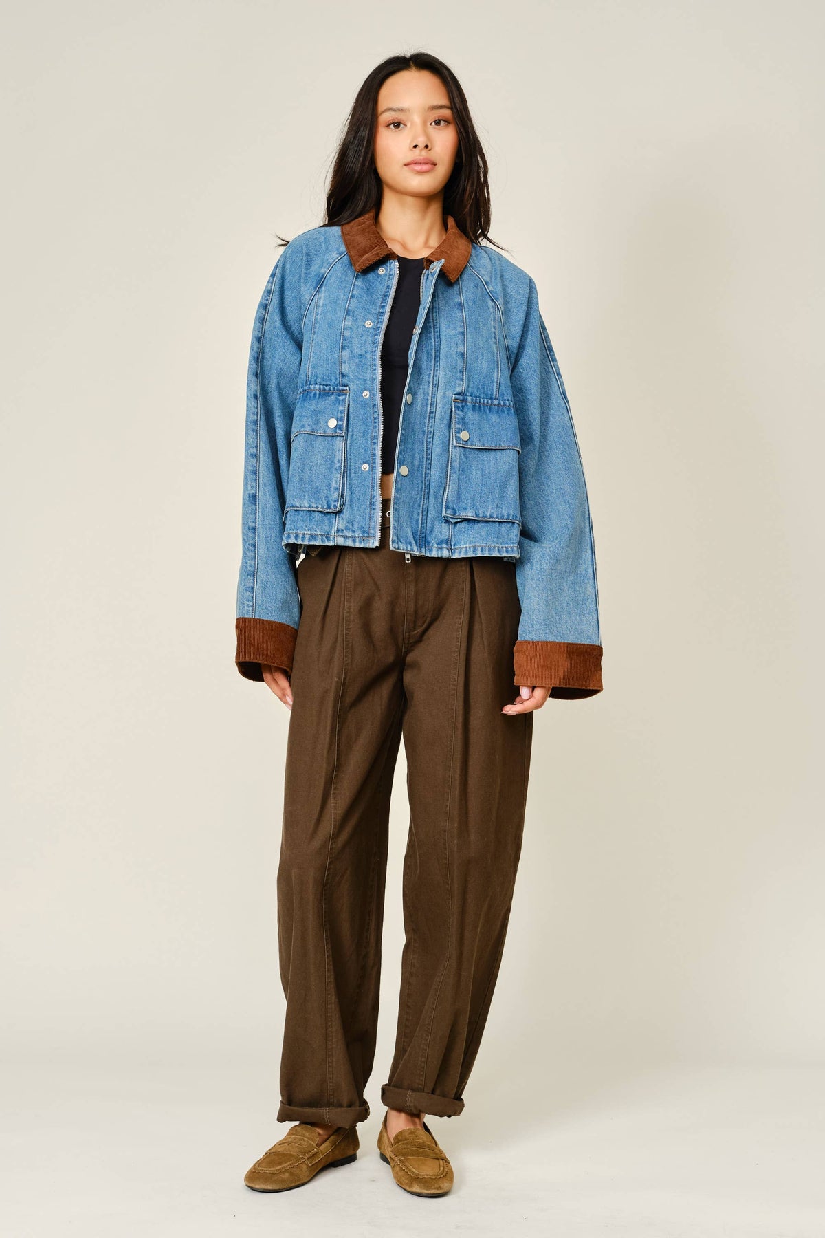 AJJ6209 CORDUROY CONTRAST A-LINE DENIM JACKET