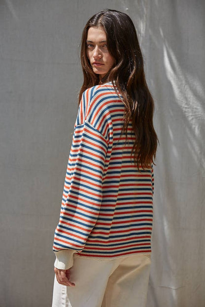 Knit Sweater Multi Color Striped Crew Neck