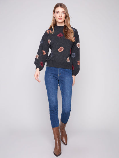 Mock Neck Sweater W Floral Embroidery