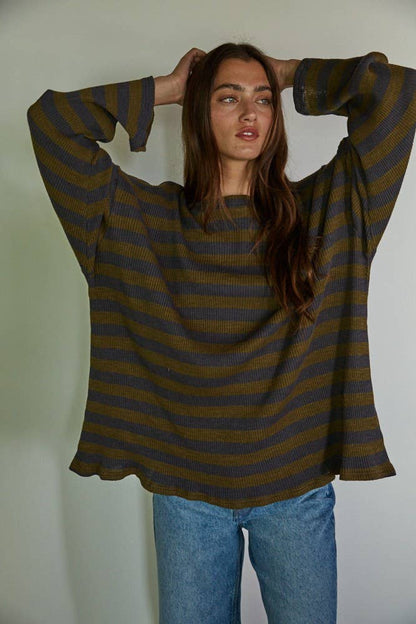 Knit Ribbed Striped Long Sleeve Pullover