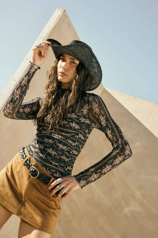Floral-Print Mesh Ruched Mock-Neck Bodysuit