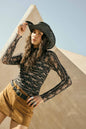 Floral-Print Mesh Ruched Mock-Neck Bodysuit