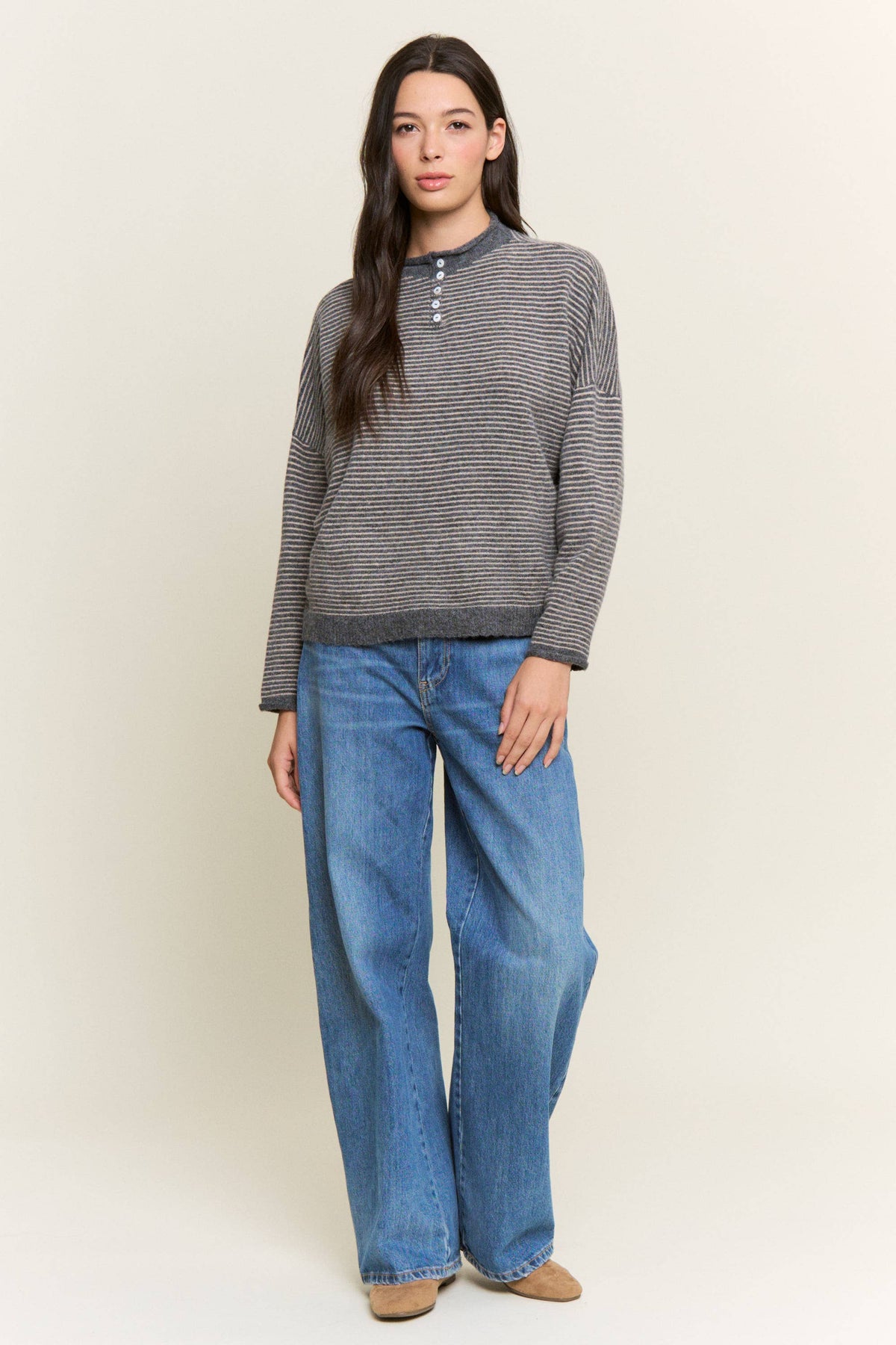 Striped Henley Knit Sweater