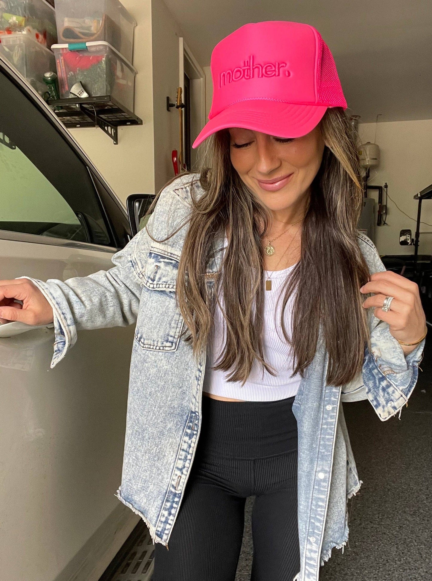 Mother Embroidered Trucker Hat -  Neon Pink