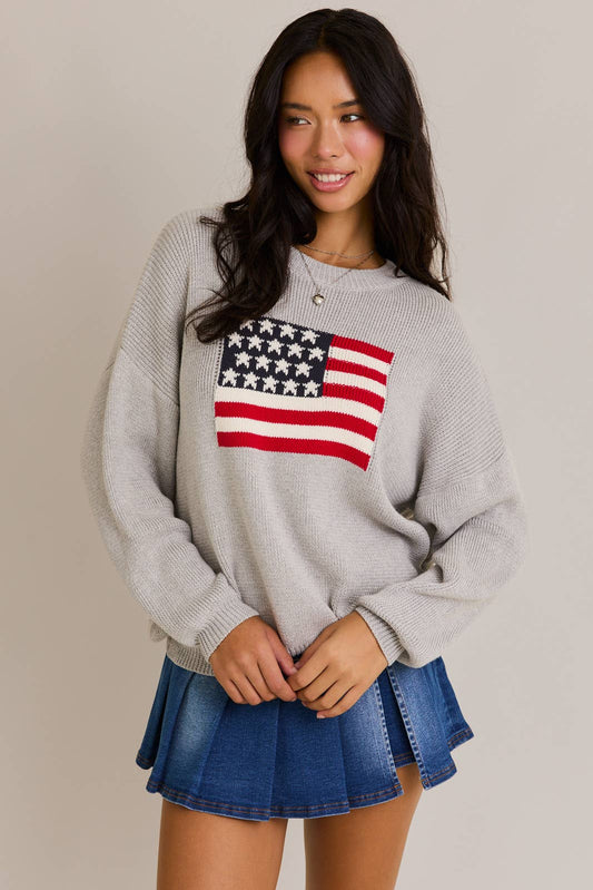 Oversized American Flag Sweater Gray