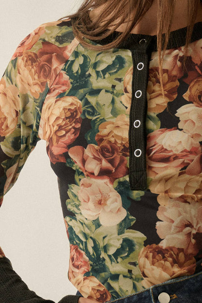 Floral Mesh Split-Cuff Top