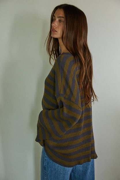 Knit Ribbed Striped Long Sleeve Pullover