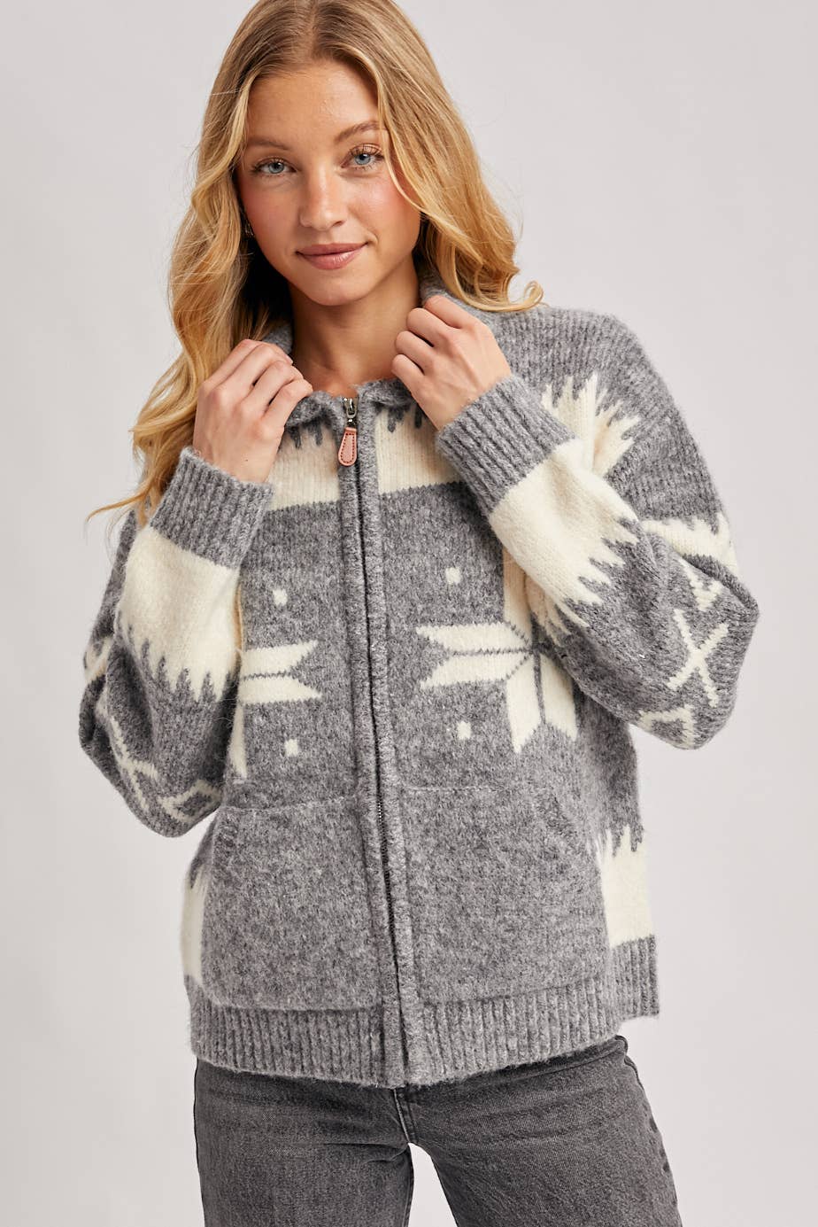 FAIR ISLE FUZZY KNIT FRONT ZIPPER CARDIGAN