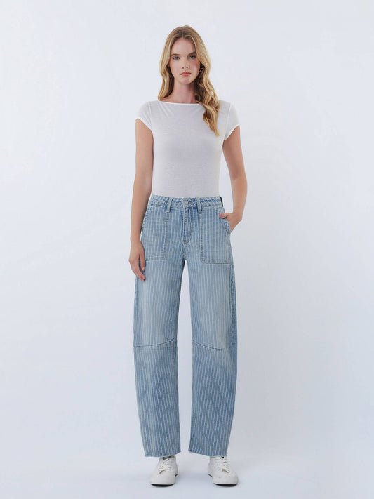 HIGH RISE STRIPED RAW HEM CROP BARREL JEANS V3811STR