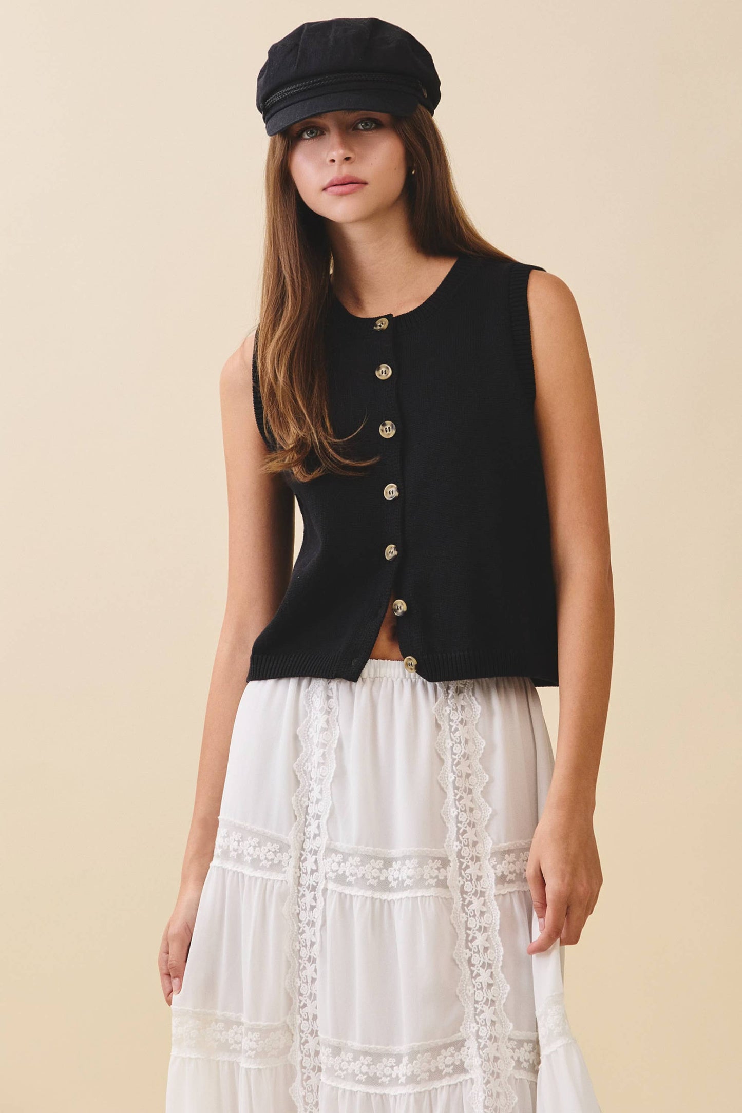 Button Front Knit Vest Top Black
