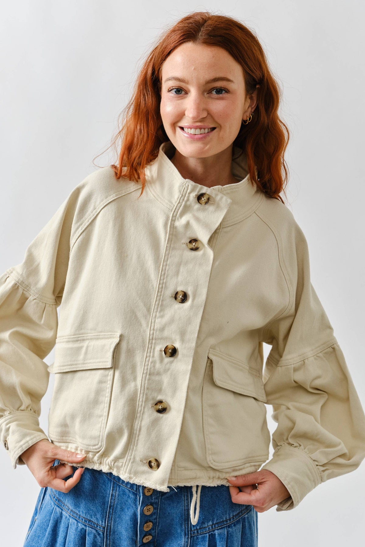 Balloon Sleeve Twill Jacket in Cream