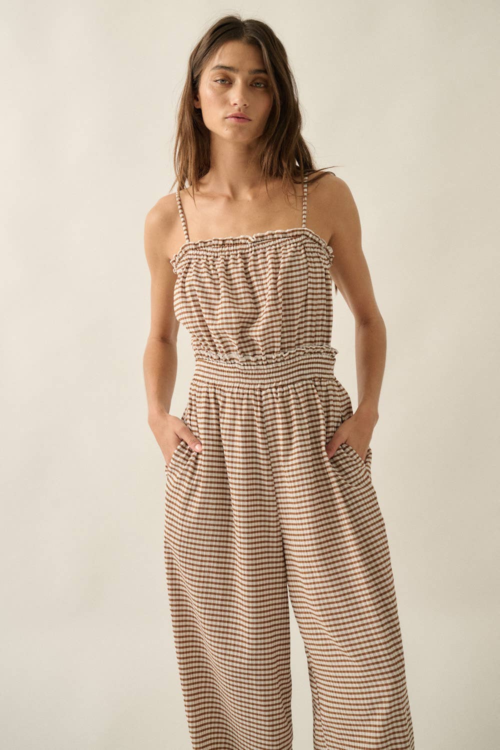Gingham Plaid Open-Back Bubble-Leg Cami Jumpsuit