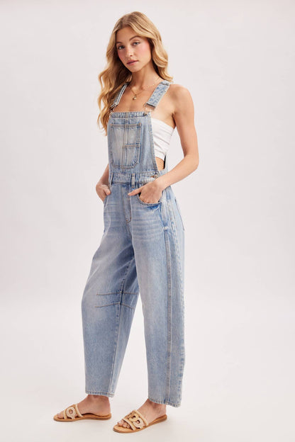 DENIM BARREL OVERALLS BLUE