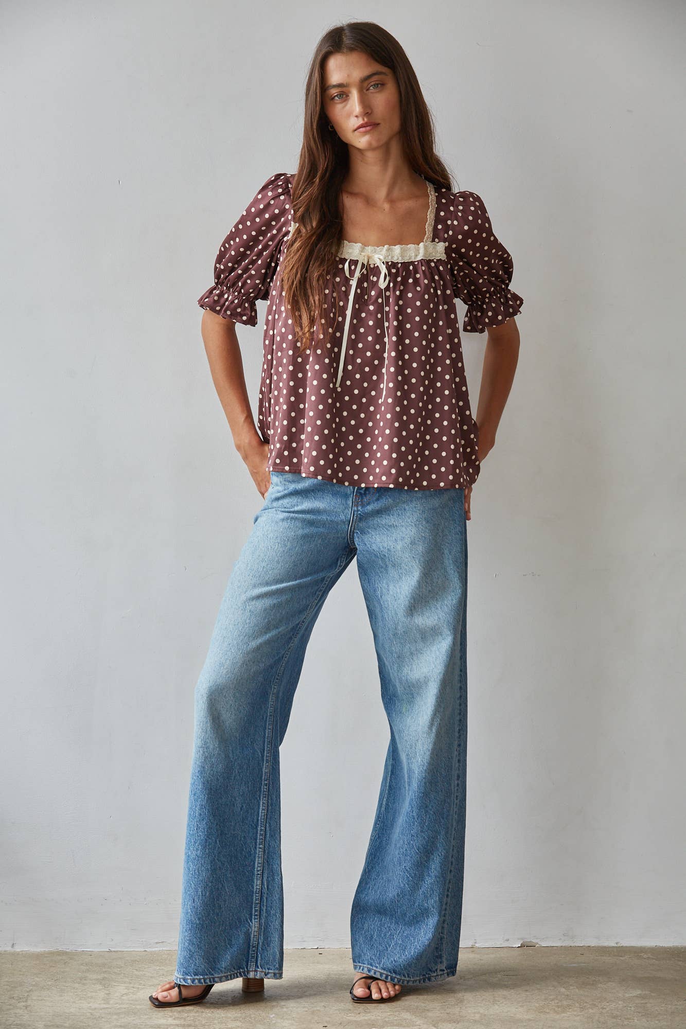 Polka Dot Square Neck Puff Sleeve Top