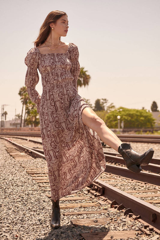 Paisley Square Neck Long Sleeve Maxi Dress