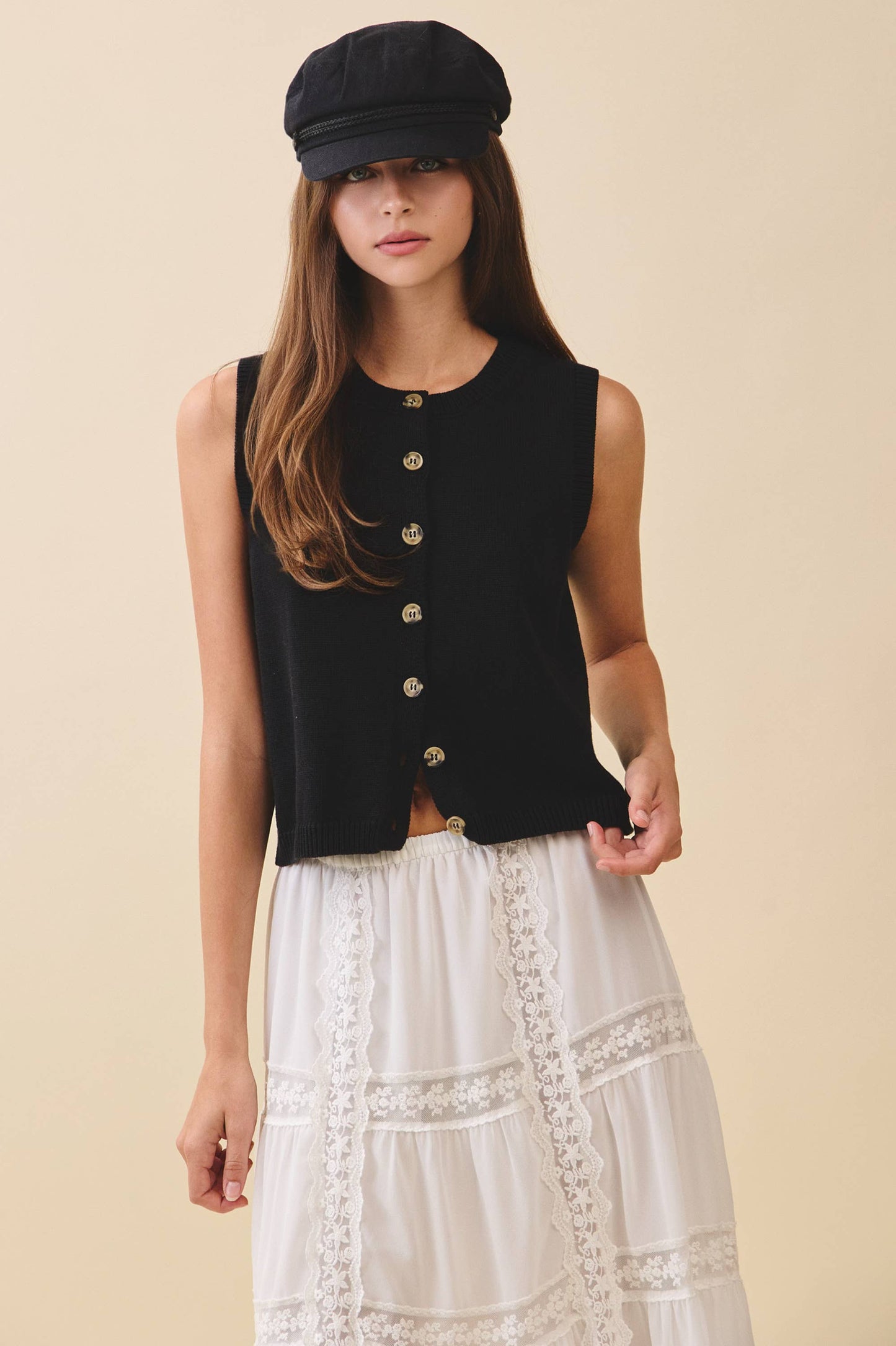 Button Front Knit Vest Top Black