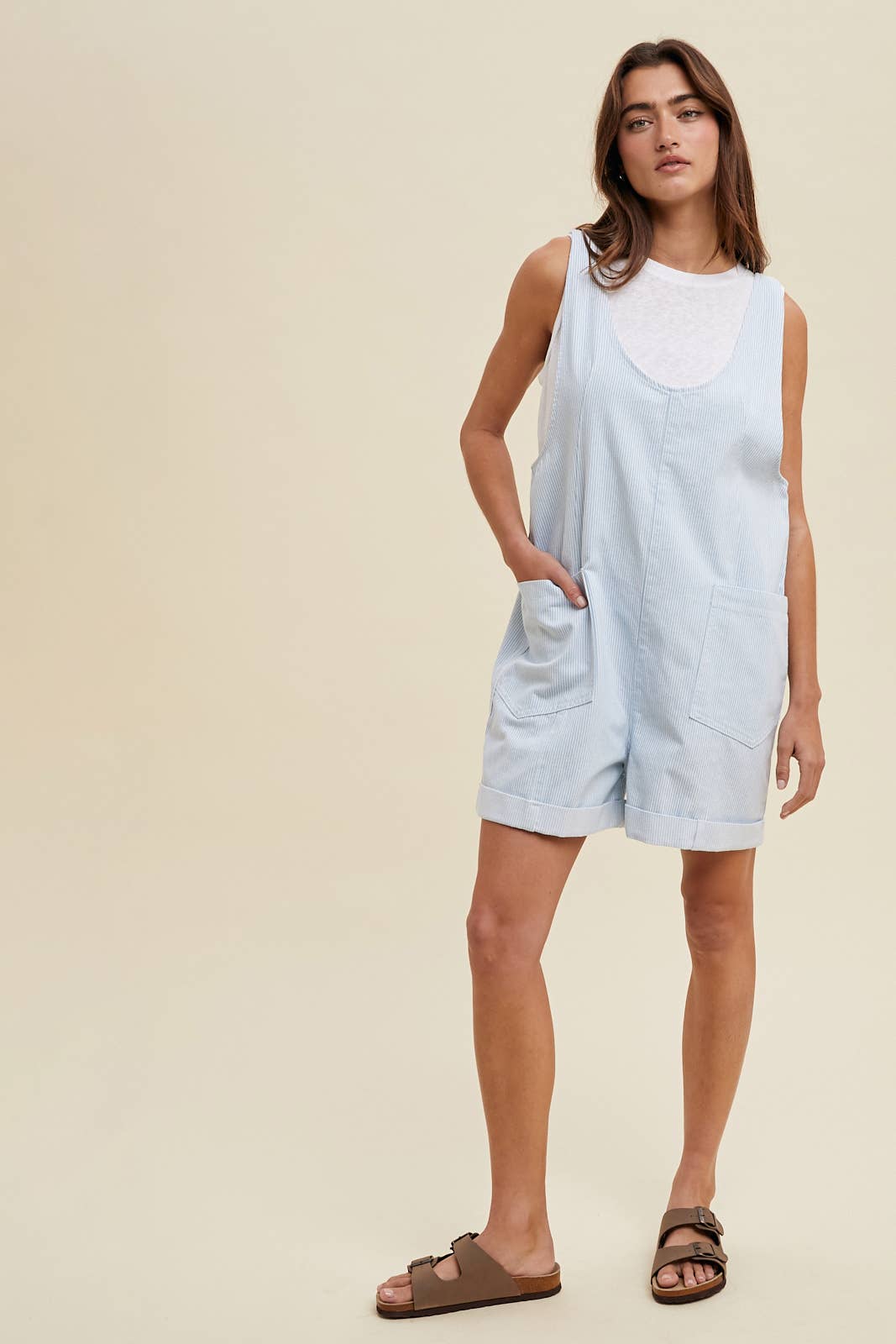Sky and White Striped Overall Romper