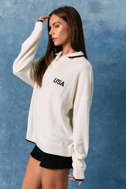 COLLARED "USA" FLAG HALF ZIP SWEATER