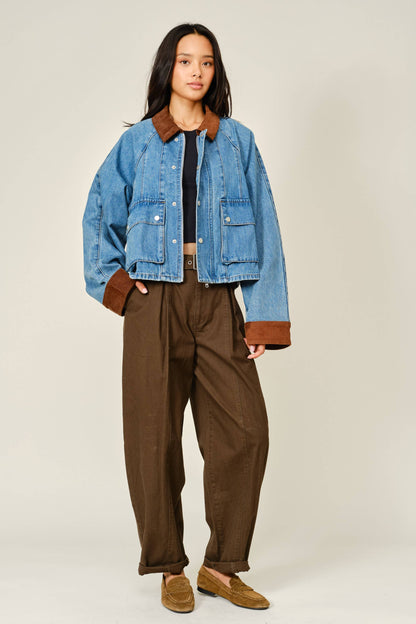 AJJ6209 CORDUROY CONTRAST A-LINE DENIM JACKET