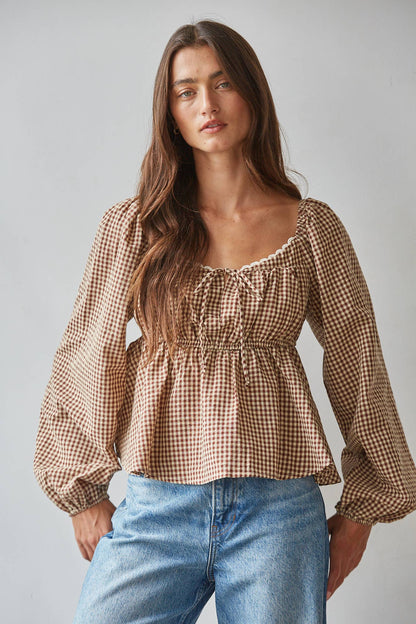 Gingham Sweetheart Neck Smocked Peplum Top