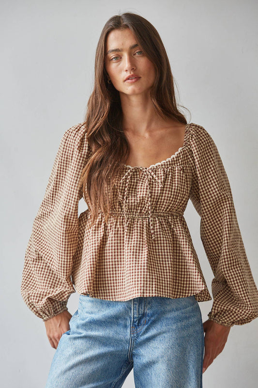 Gingham Sweetheart Neck Smocked Peplum Top