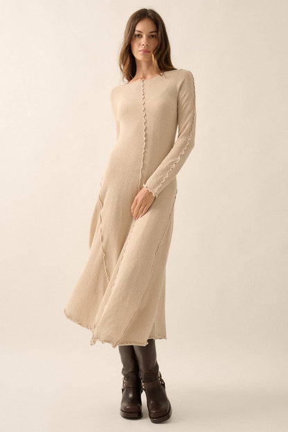 Textured Long-Sleeve Midi Dress