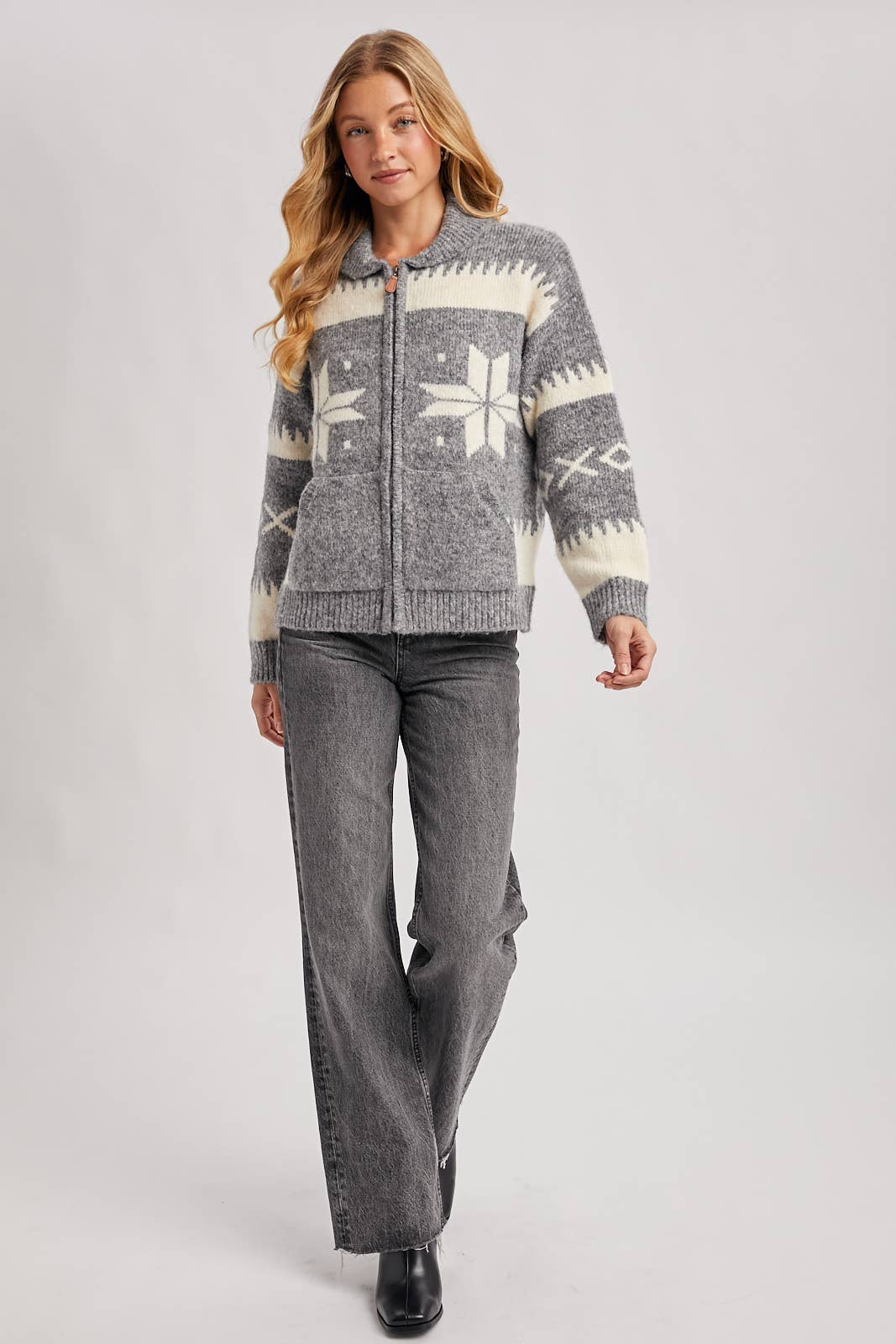 FAIR ISLE FUZZY KNIT FRONT ZIPPER CARDIGAN
