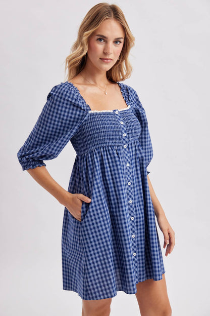 Gingham Smocked Babydoll Dress Blue