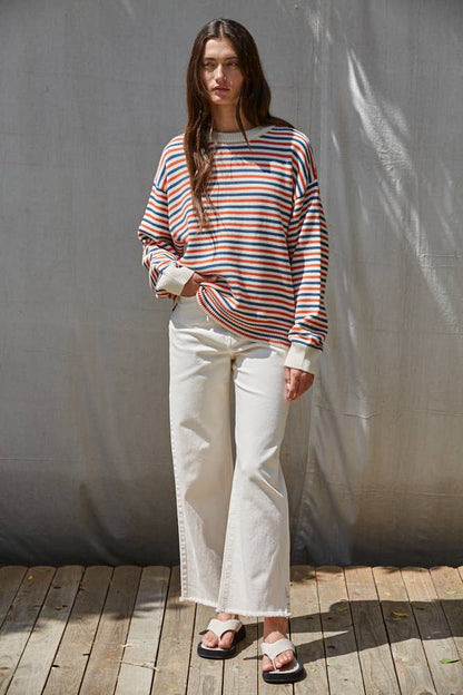 Knit Sweater Multi Color Striped Crew Neck