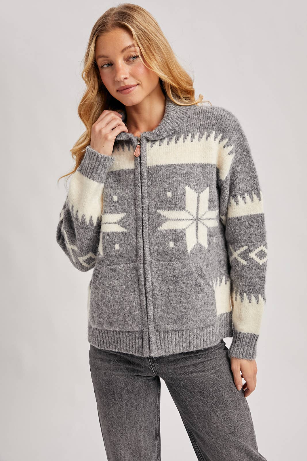 FAIR ISLE FUZZY KNIT FRONT ZIPPER CARDIGAN