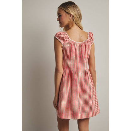 GINGHAM BUTTON-UP MINI DRESS Red Combo