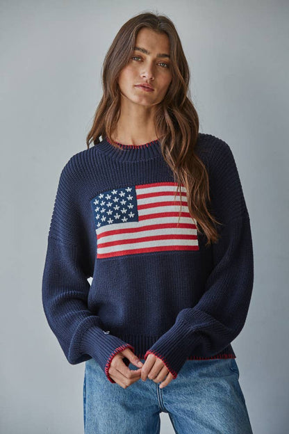 Knit Sweater American Flag Pullover Navy