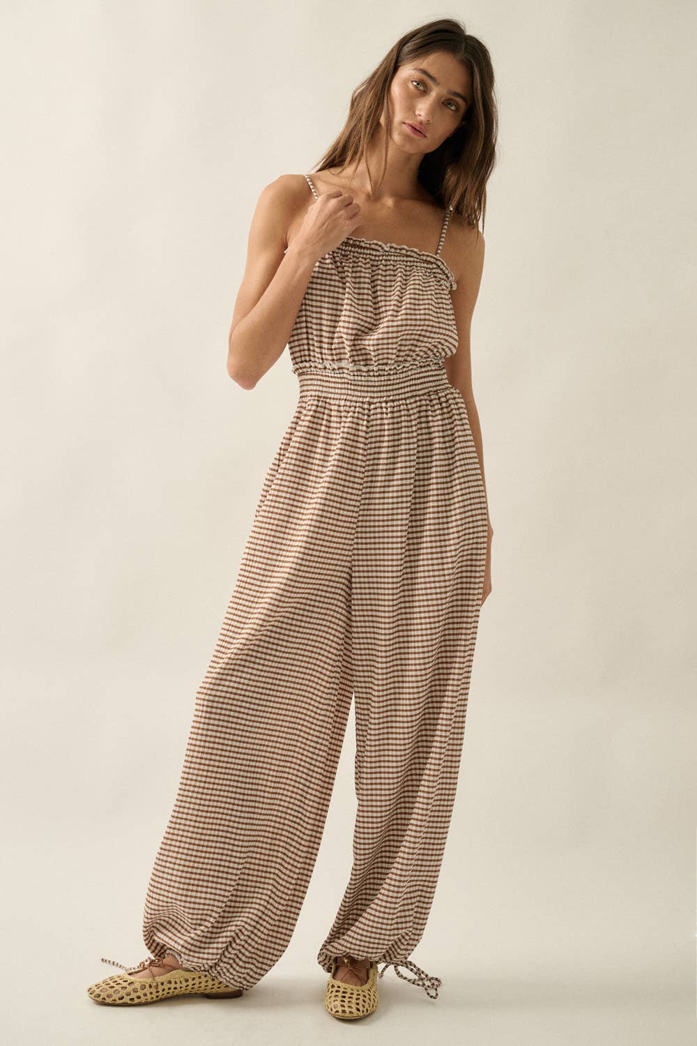 Gingham Plaid Open-Back Bubble-Leg Cami Jumpsuit