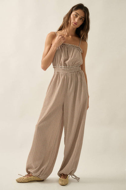 Gingham Plaid Open-Back Bubble-Leg Cami Jumpsuit