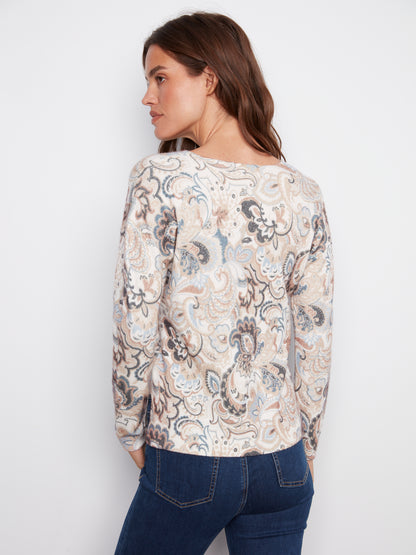 Printed Plushy V Neck Sweater