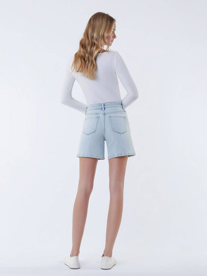 HIGH RISE DRAWSTRING MIDI DENIM SHORTS
