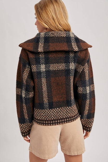 Plaid Wide Collar Zip Sweater