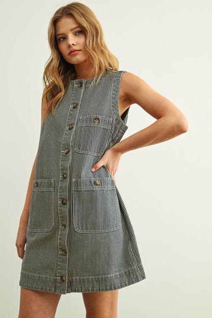 STRIPED BUTTON FRONT DENIM DRESS