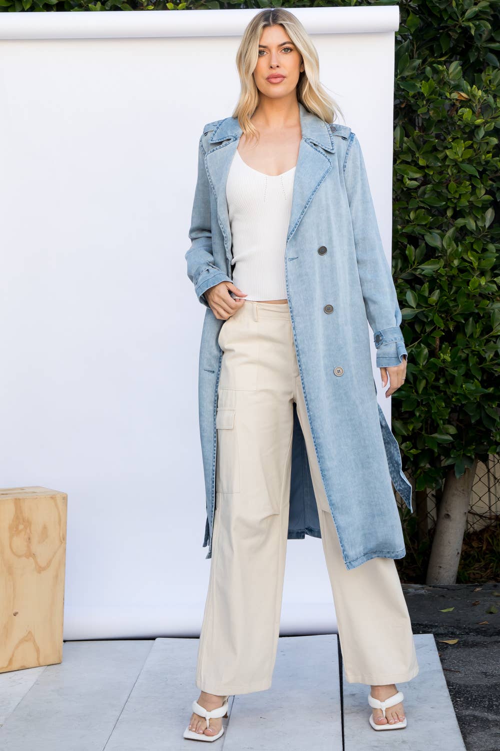 Denim Garment Washed Trench Coat