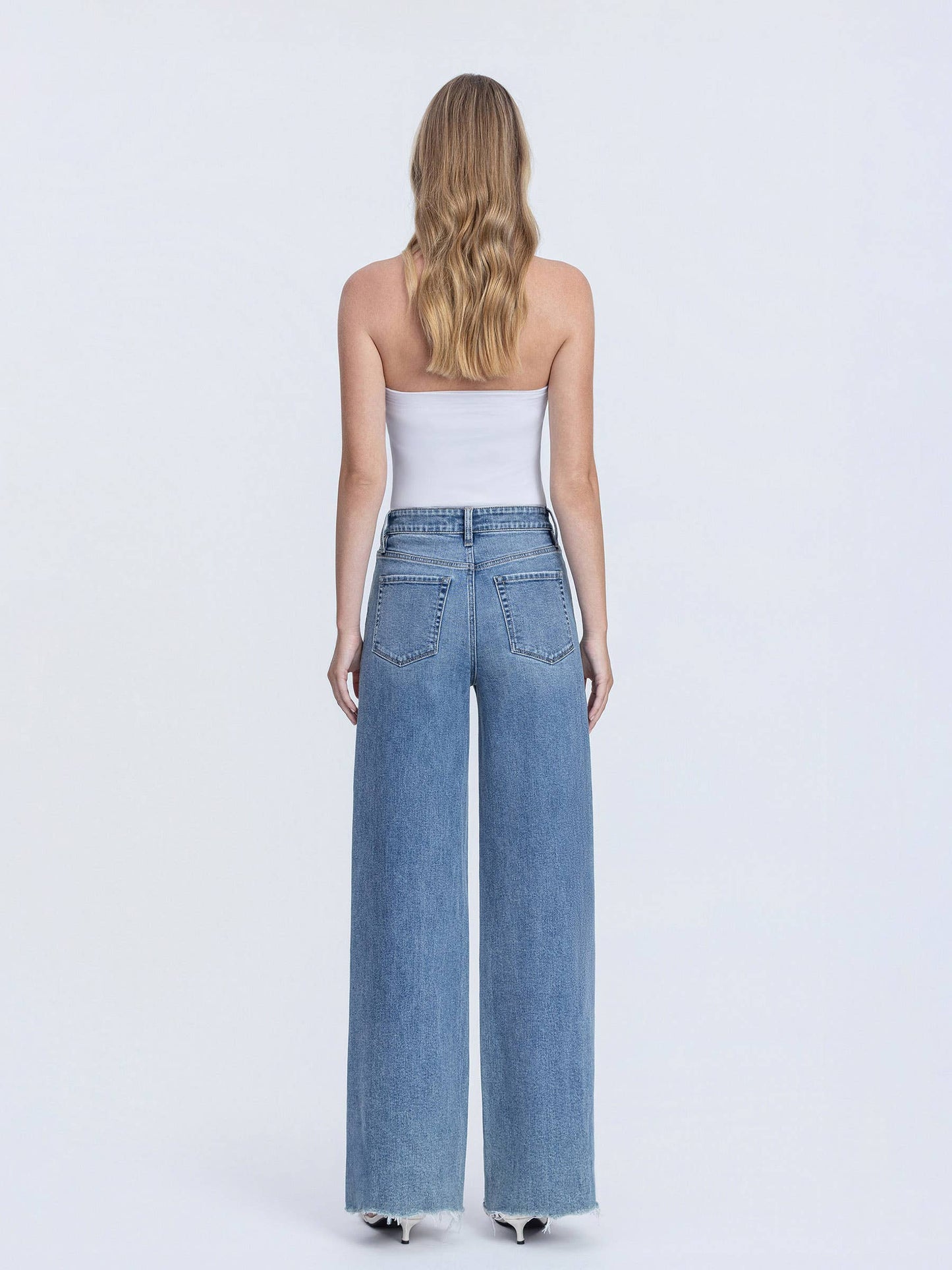 SUPER HIGH RISE MEDIUM WASH RAW HEM WIDE LEG