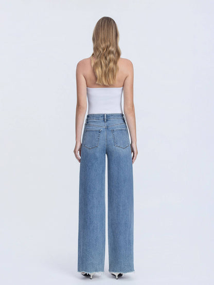 SUPER HIGH RISE MEDIUM WASH RAW HEM WIDE LEG