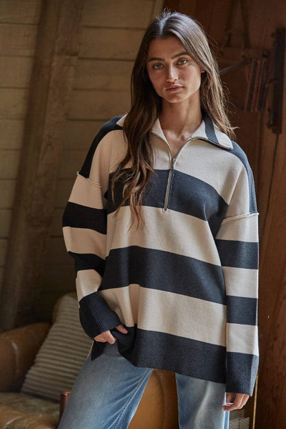 Knit Striped Half Zip Up Top Black Combo
