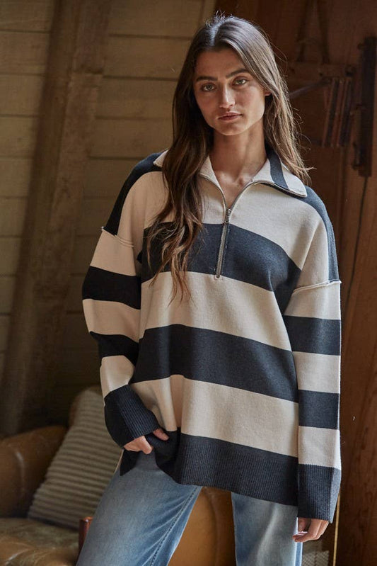 Knit Striped Half Zip Up Top Black Combo
