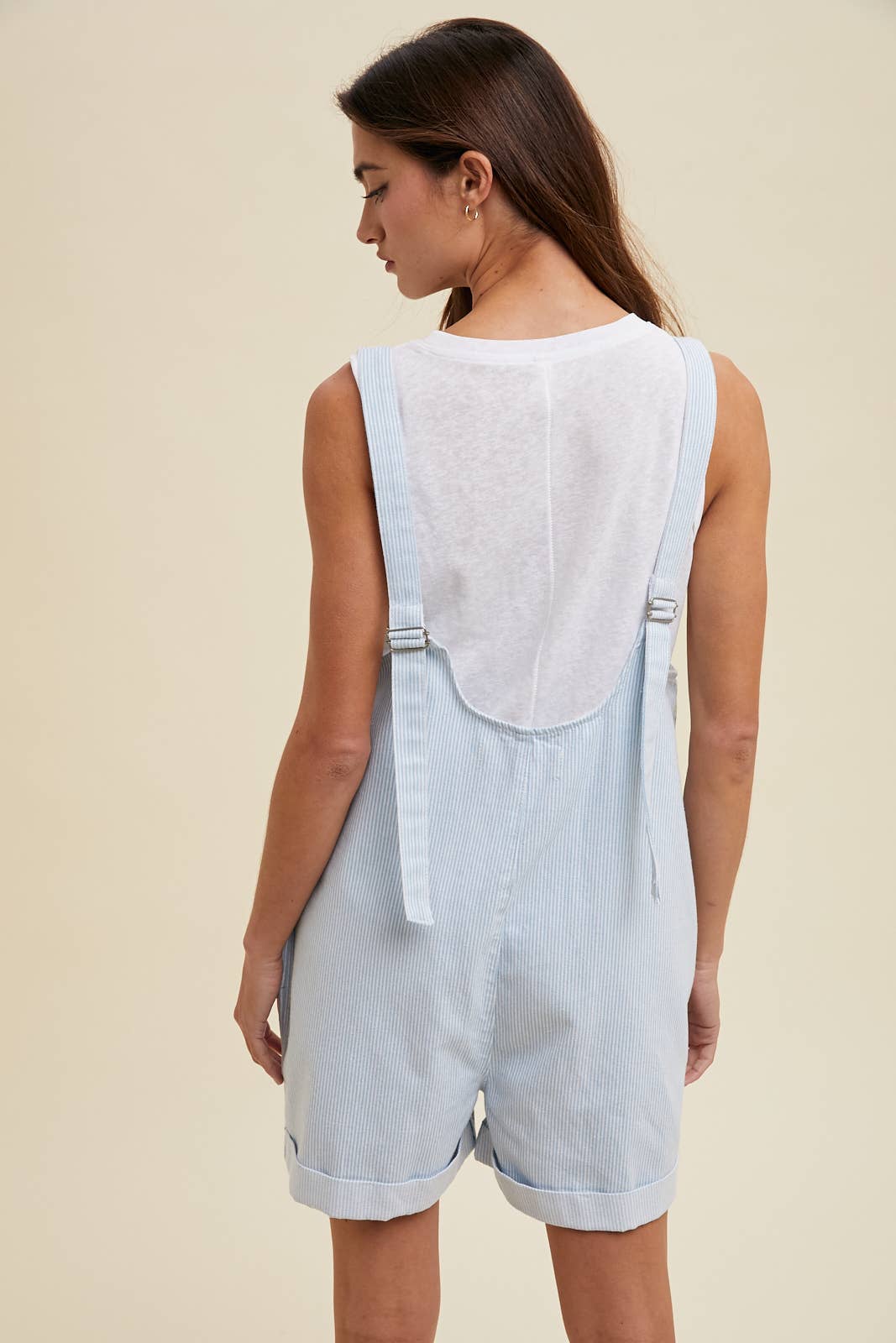 Sky and White Striped Overall Romper